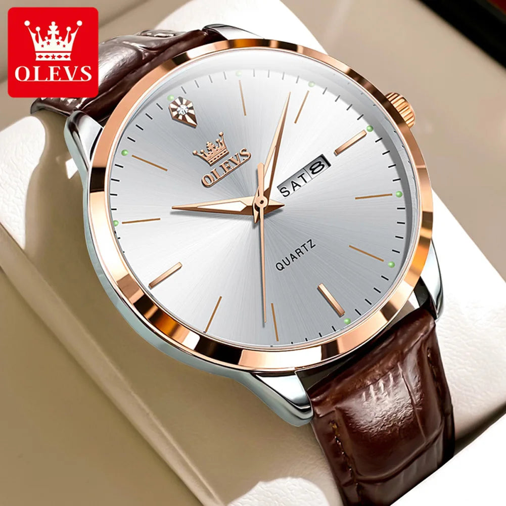 OLEVS Fashion Business Brand Original Men Watches Leather Strap Trend Week Calendar Quartz Watch Luminous Waterproof 43mm Dial