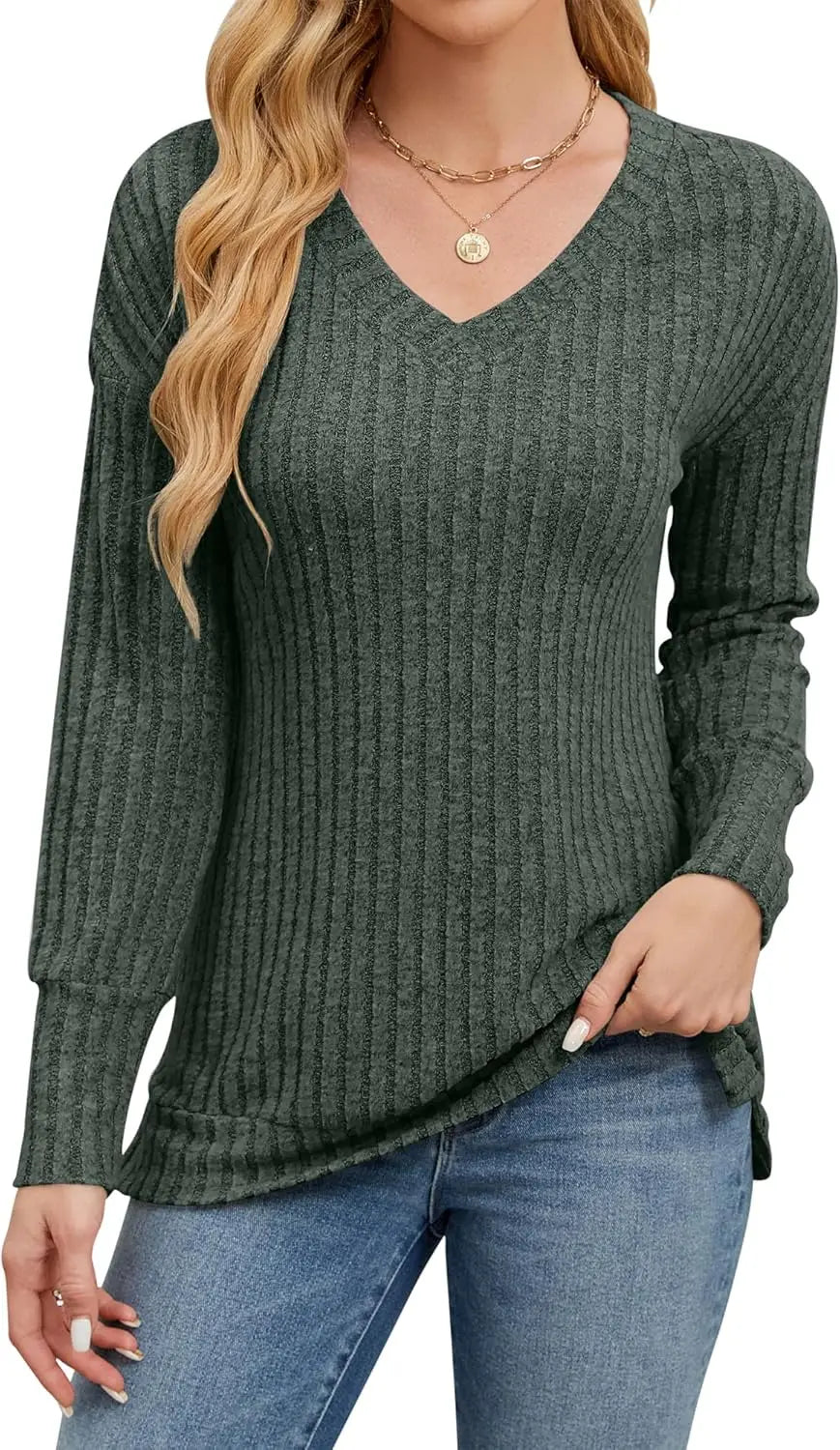 Womens V Neck Sweaters Lightweight Long Sleeve Tunic Tops Shirts Casual Sweatshirt Trendy