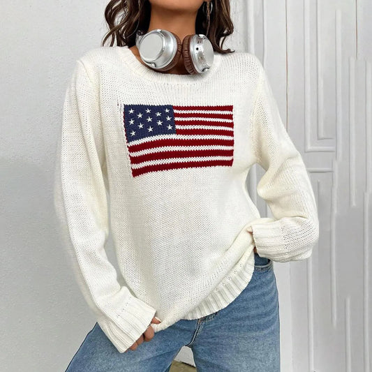 2024 New Womens Flag Print Sweater Autumn Knitted Sweater Elegant Jumper Casual O-Neck Knitwears Pullover