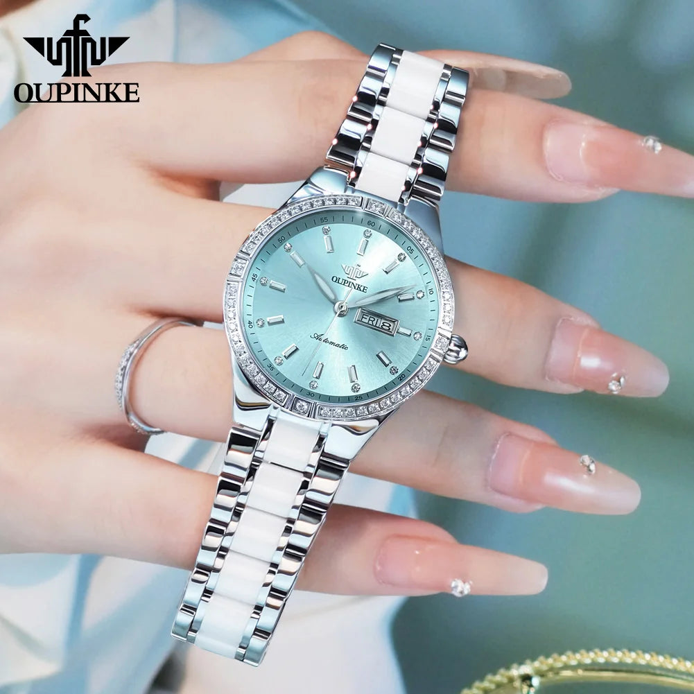 OUPINKE 3283 Women's Watch Elegant Ceramic Strap Luxury Brand Sapphire Calendar Week Waterproof Women Automatic Mechanical Watch