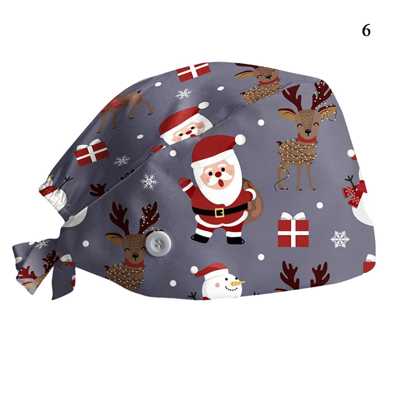 New Christmas Scrubs Caps Santa Claus Print Cap Pet Grooming Agency Work Scrubs Hat Beauty Work Hats Lab Nursing Cap