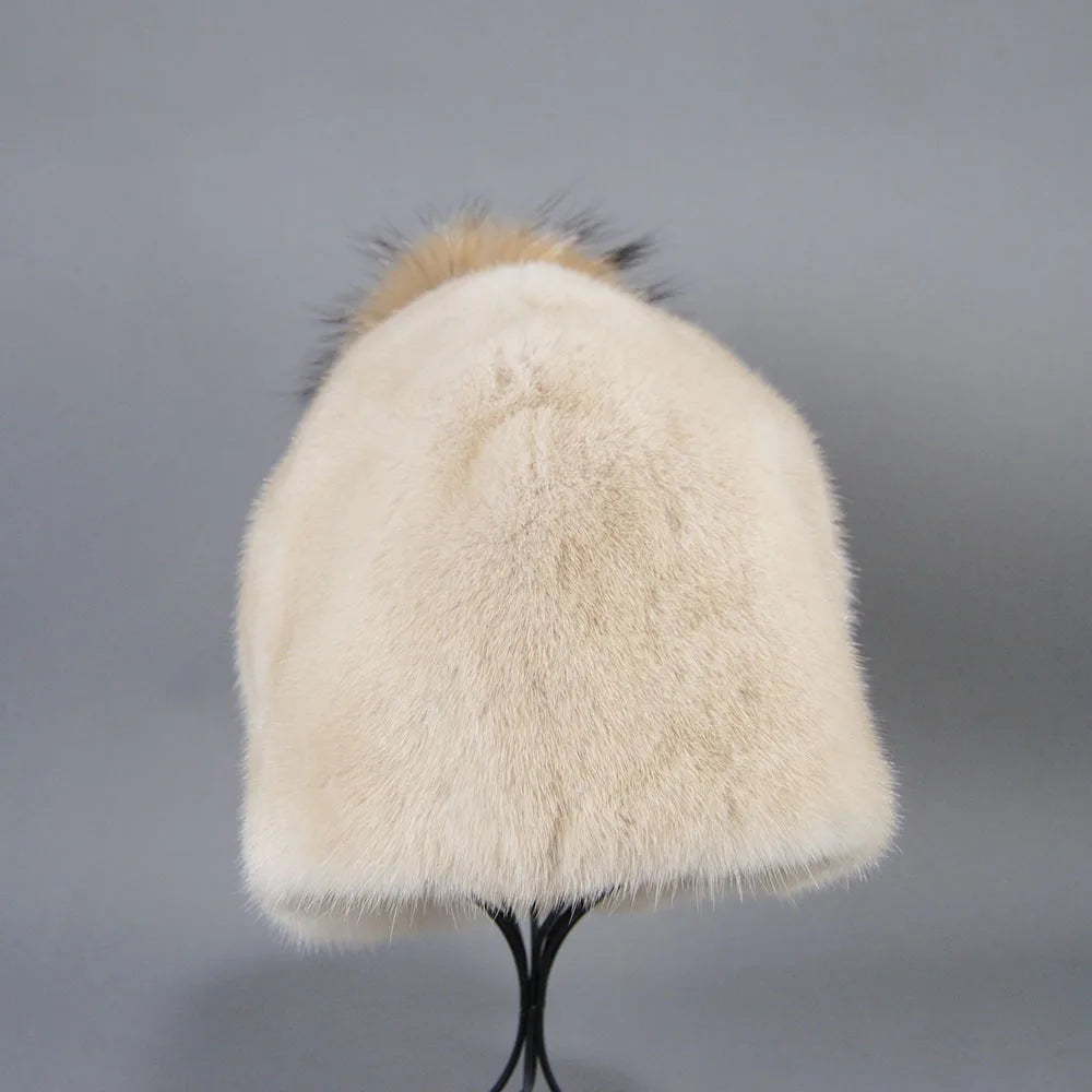 2023 Winter Real Natural Mink Fur Fox Hat for Women Thicken Warm Casual Pom New High Quality Girl Bobble  Christmas Knitted Cap