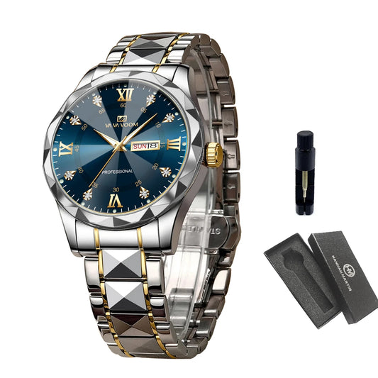 Men Watch Water Diamond Luxury Night Glow Double Calendar Quartz Movement 41mm Blue Gold Stainless Steel Fashion Business Watch