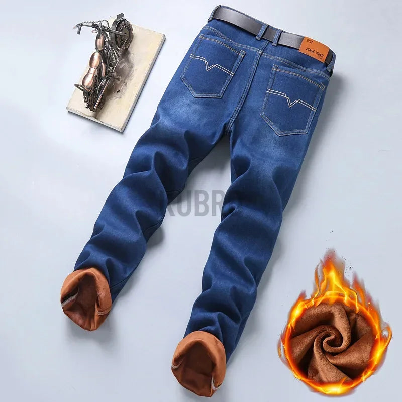 2024 Winter New Casual Men's Warm Fleece Jeans Classic Style Business Thicken Fur Regular Fit Denim Pants Brand Plush Trousers