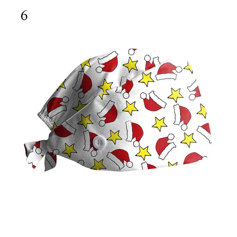 New Christmas Scrubs Caps Santa Claus Print Cap Pet Grooming Agency Work Scrubs Hat Beauty Work Hats Lab Nursing Cap