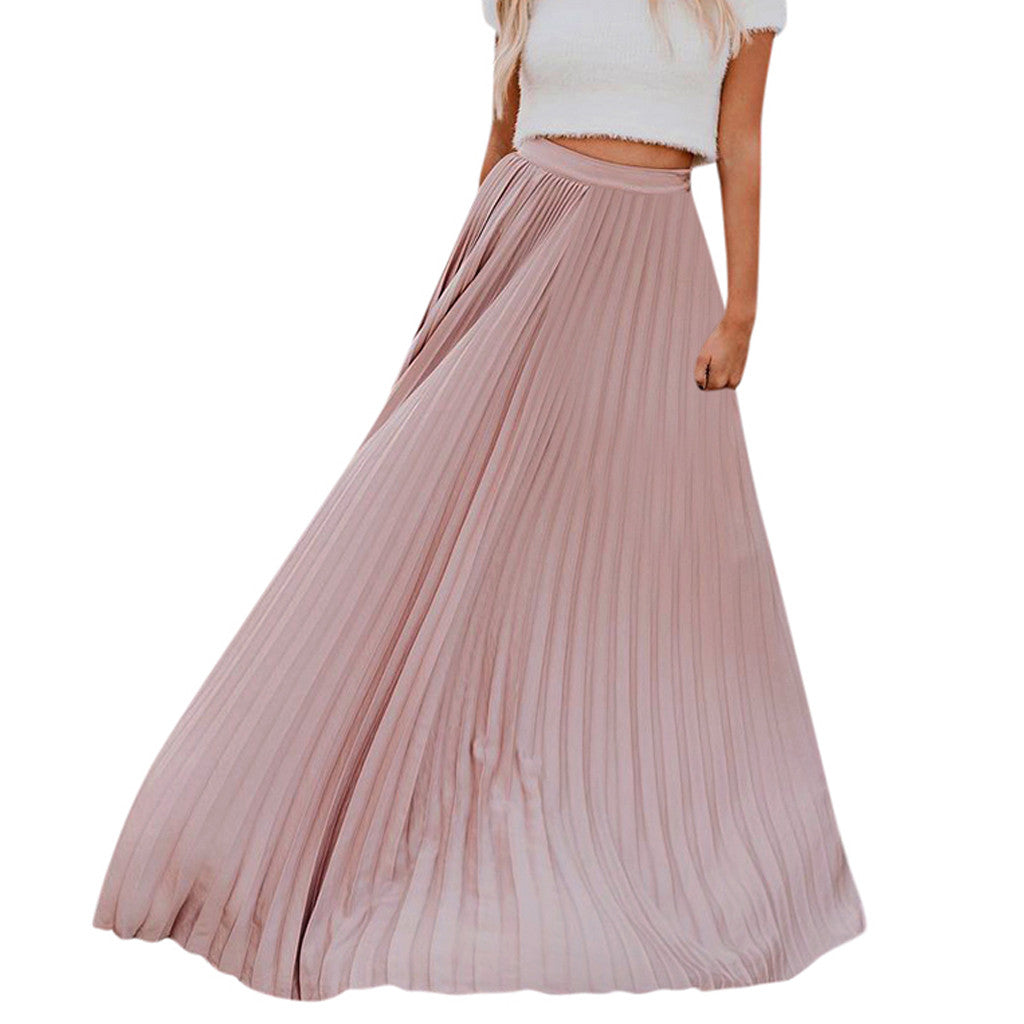 2022 Fashion Womens A-line Pleated Red Skirts Summer Jupe Longue Elastic Vintage Elegant Chic Loose Long Skirt Dropshipping