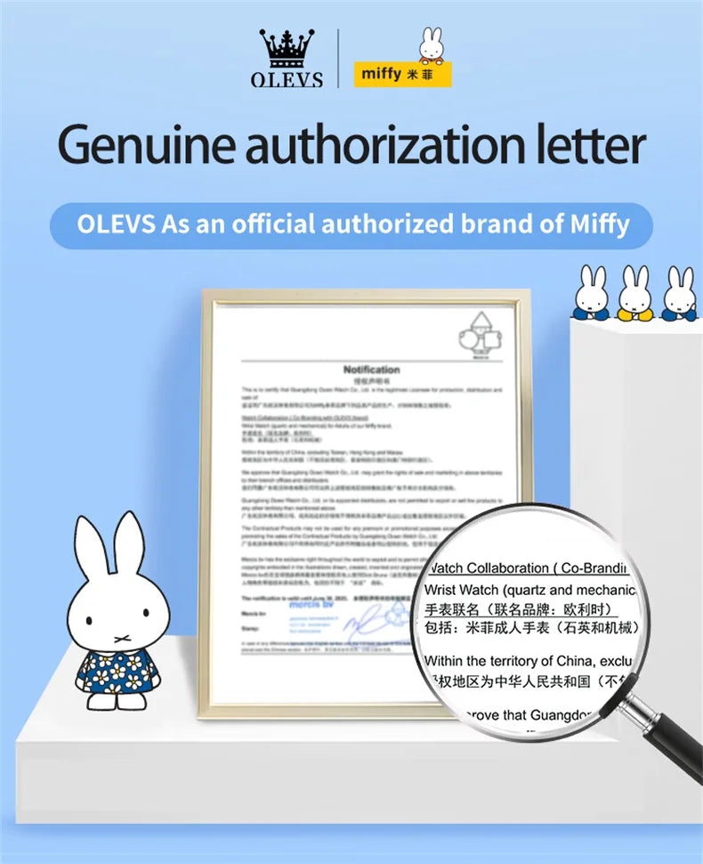 OLEVS & Miffy Joint Edition Women's Watches Pink Cute White Rabbit Dial Watch for Girl Exquisite Gift Box Packaging Waterproof