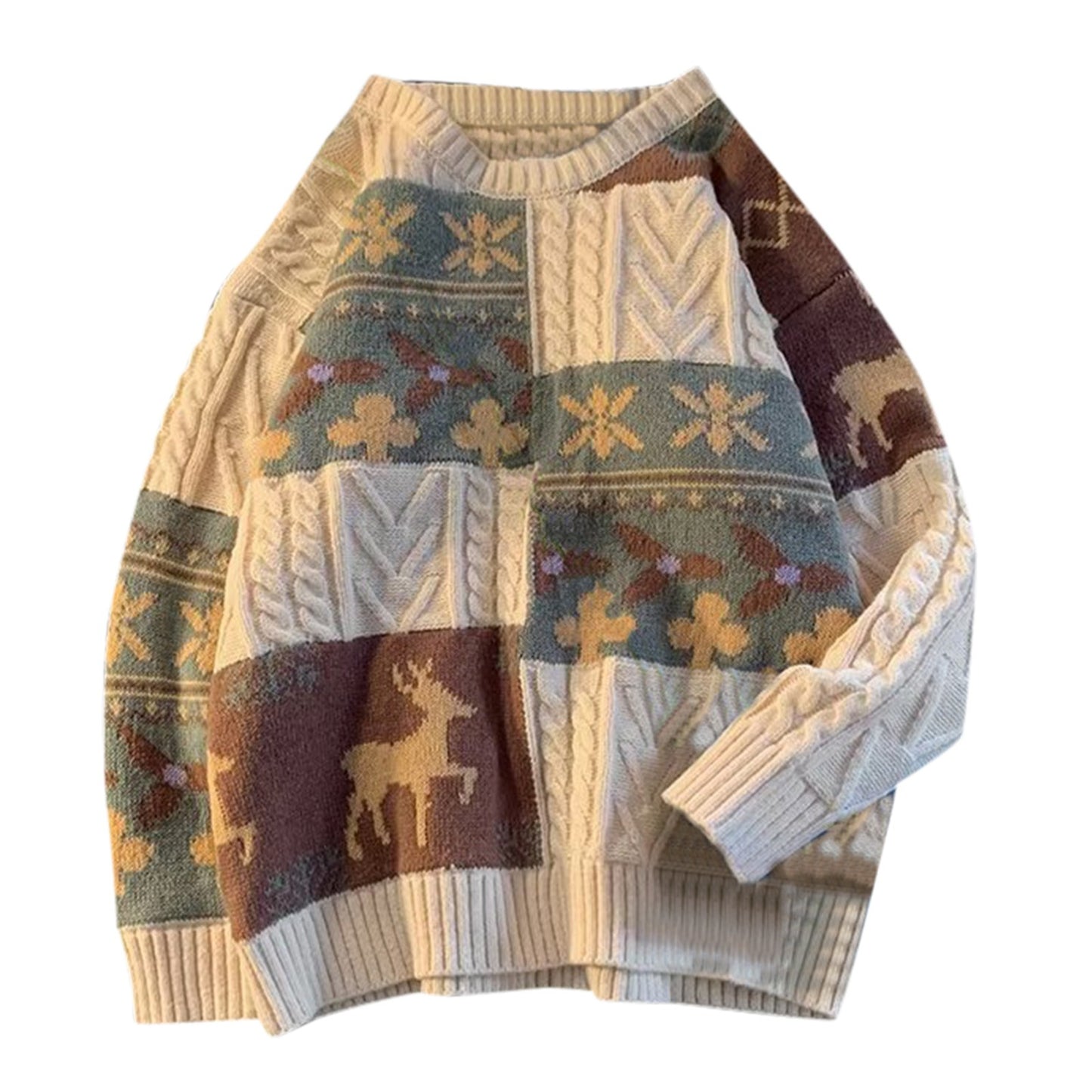 Male Christmas Sweater Autumn Warm All Match Jacquard Knitted Sweater Streetwear Harajuku Retro Knitwears Pullovers Men Clothing