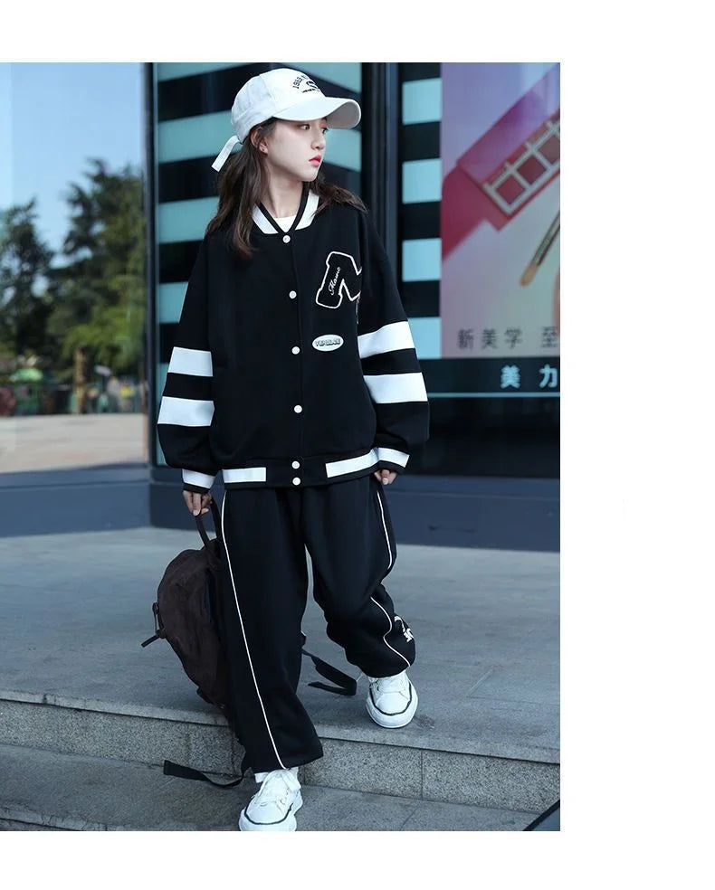 Girls Contrast Alphabet Single-breasted Sweat Varsity Jacket+Drawstring Sweatpant Set School Kids Tracksuit Child Outfit 3-14Yrs