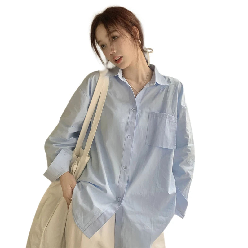 Women's Sweet Loose Long Sleeve Chiffon Blouse Solid Color Summer Urban Casual Lapel Shirt Girly Versatile Tops