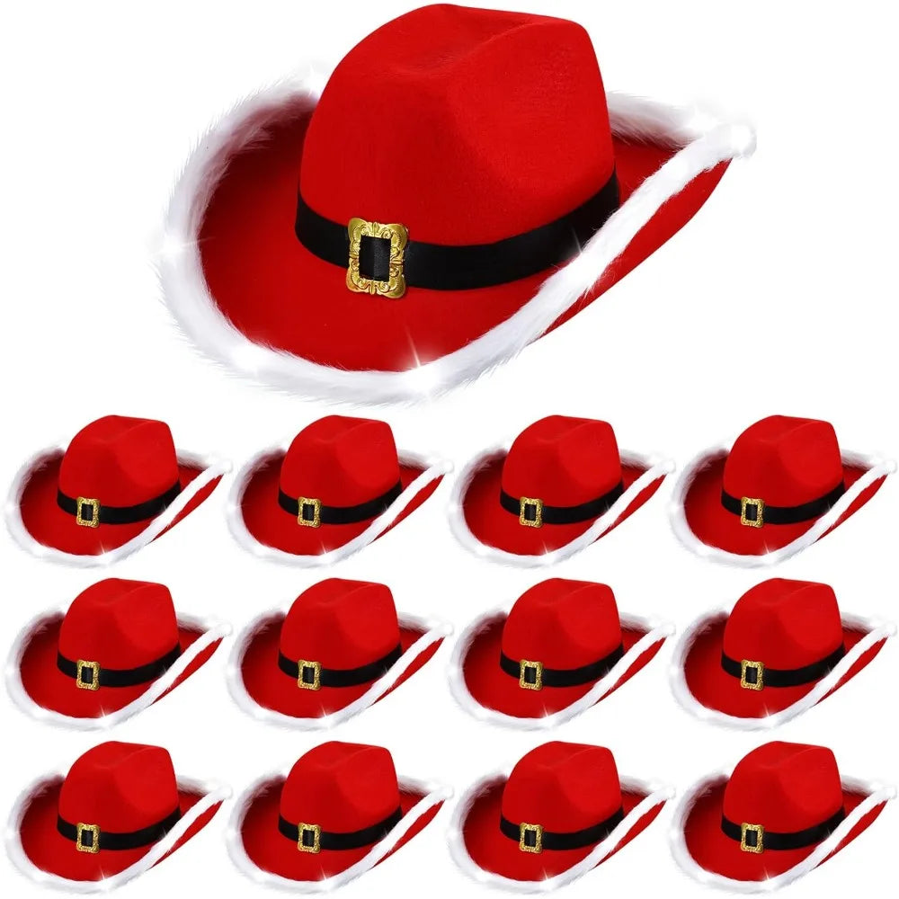 Christmas Cowboy Hats Santa Claus Light up Hats LED Lights Cowgirl Hats Bulk for Xmas Party Western Costume Accessory