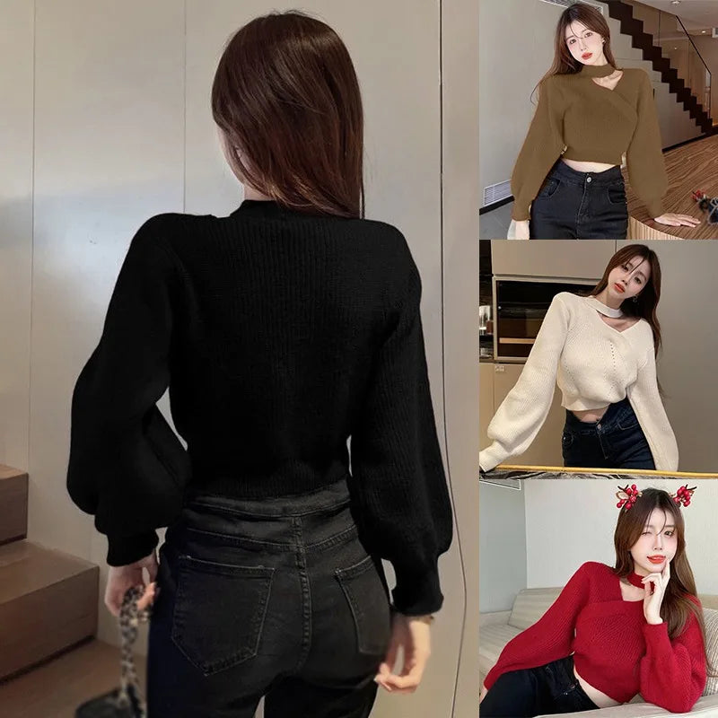 Women's Christmas Sweater Sexy Long Sleeved Sweater Warm Hanging Neck Off Shoulder Female Solid Color Tops