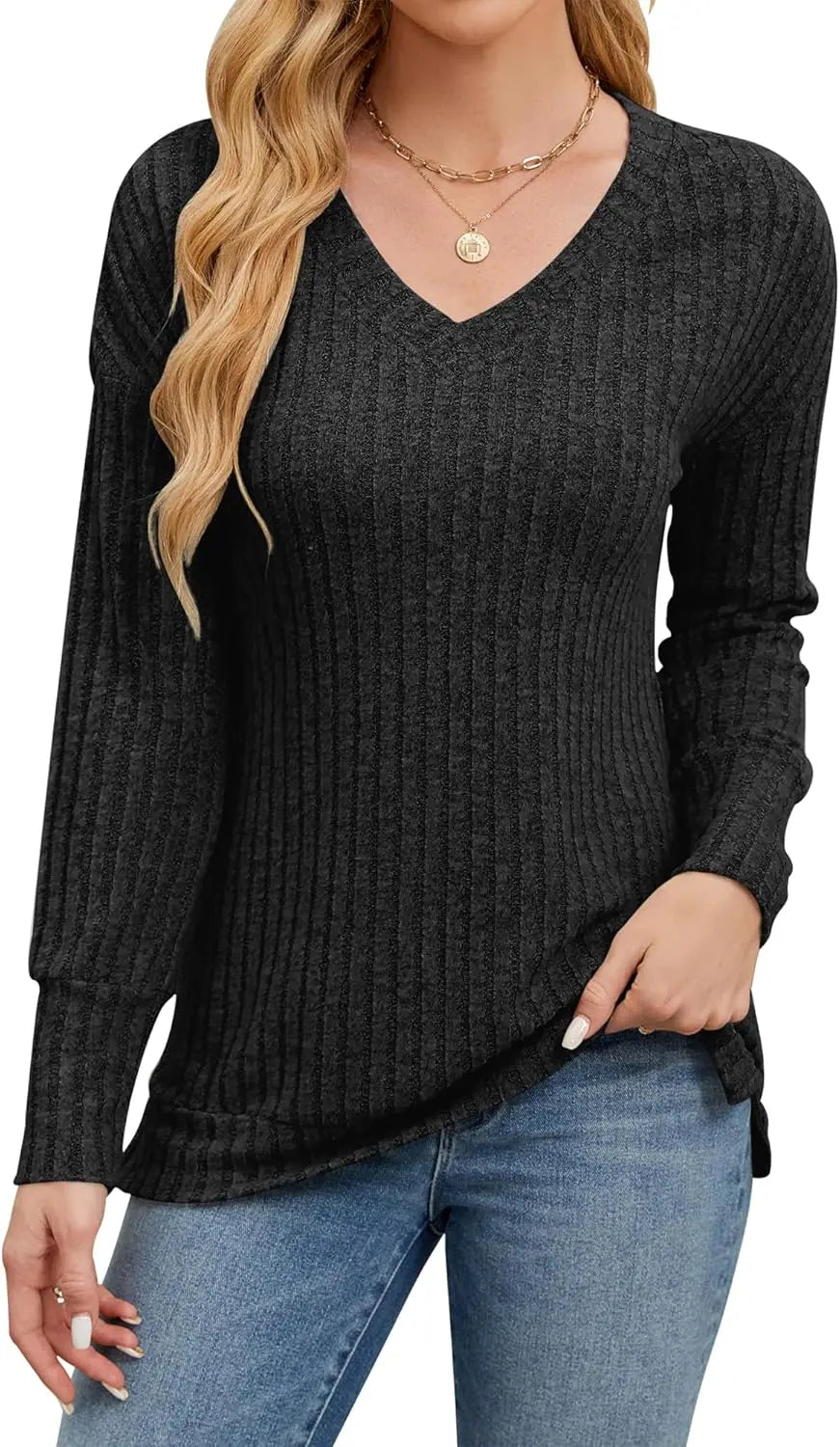 Womens V Neck Sweaters Lightweight Long Sleeve Tunic Tops Shirts Casual Sweatshirt Trendy