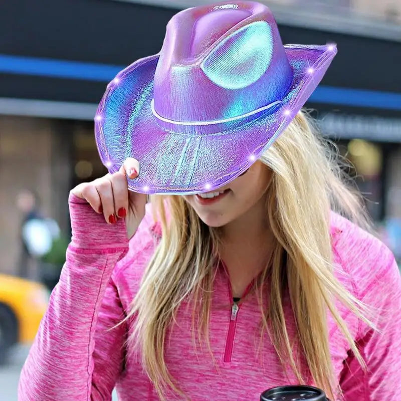 LED Light Cowboy Hat Glowing Cowboy Hat For Halloween Light Up LED Cowboy Hat With Large Brim Colorful Halloween Flashing Cowboy