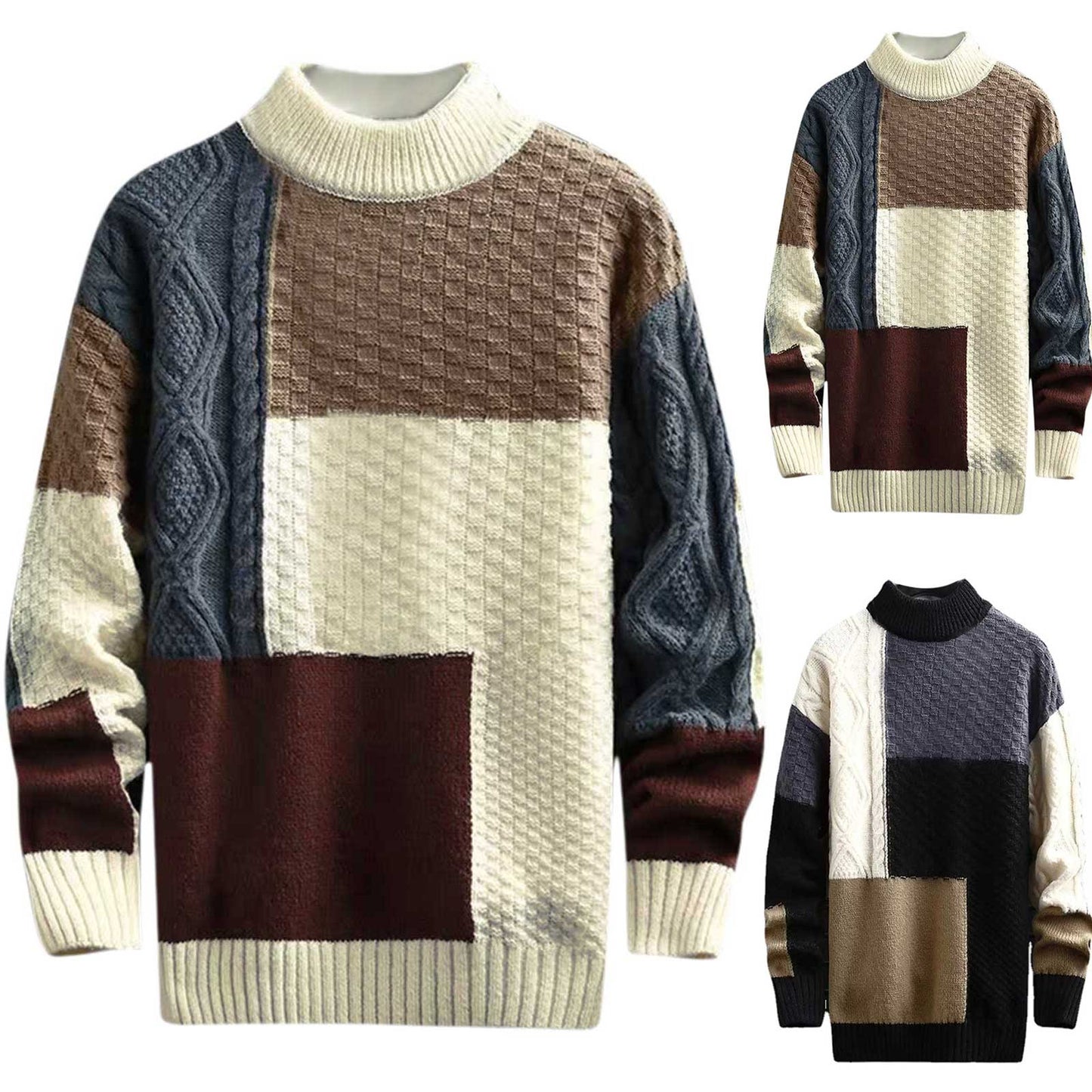 Trendy Sweater Loose Thermal Thick Streetwear Men Winter Sweater Fashion Stitching Color Matching Pullover Knitted Sweaters