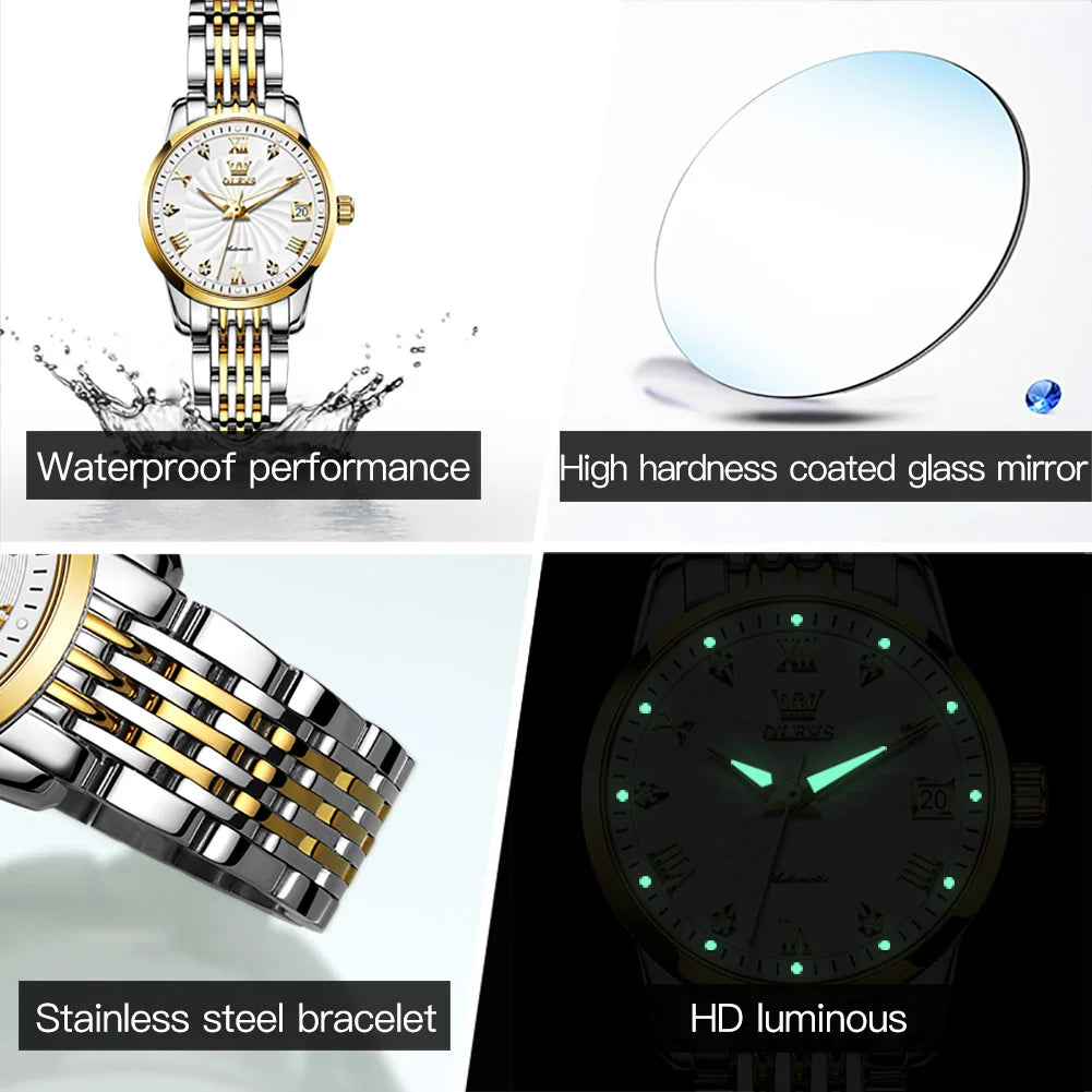 OLEVS Automatic Mechanical Watch for Women Luxury Top Brand Ladies Wristwatch Waterproof Luminous Stainless Steel Girls Watches