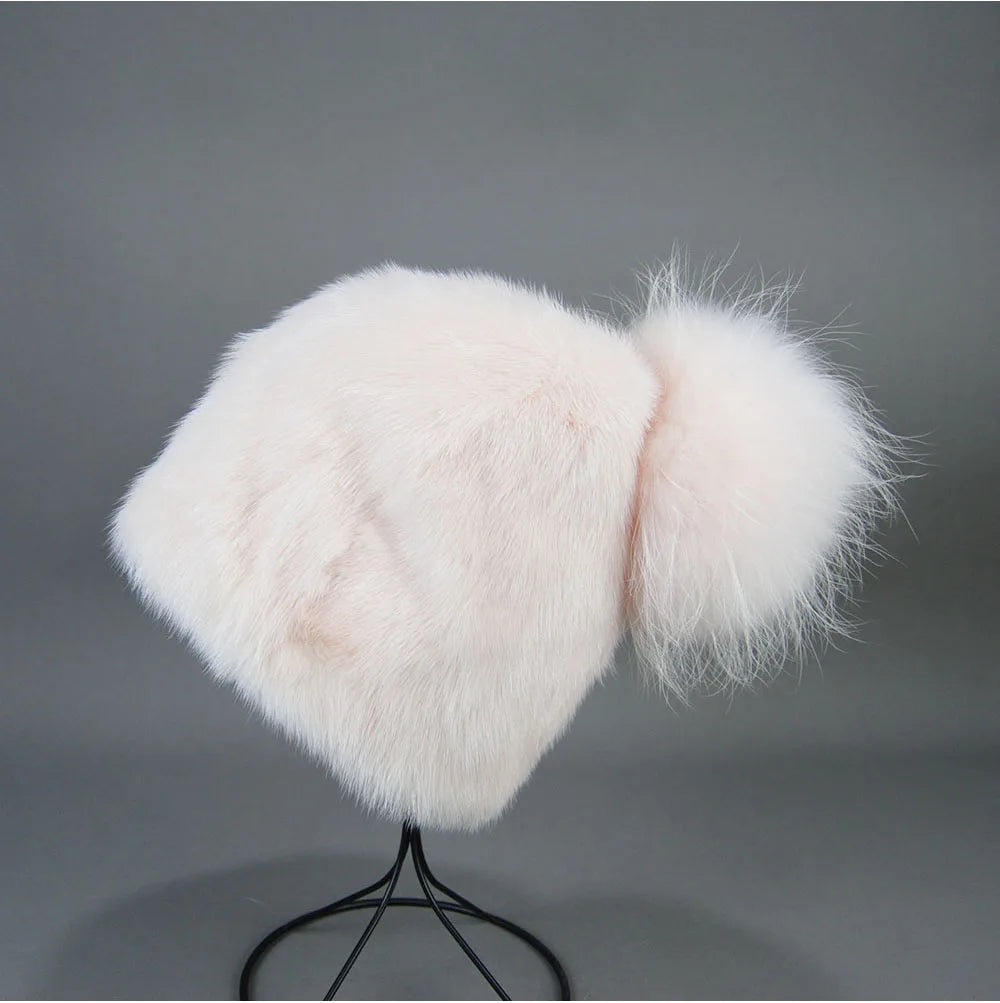 2023 Winter Real Natural Mink Fur Fox Hat for Women Thicken Warm Casual Pom New High Quality Girl Bobble  Christmas Knitted Cap