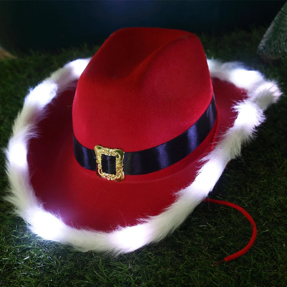 Fashion Santa Claus Party Christmas Luminous Cowboy Hat Western Red Felt Hats Wide Brim Cowgirl Hat Jazz Hat for Women Men