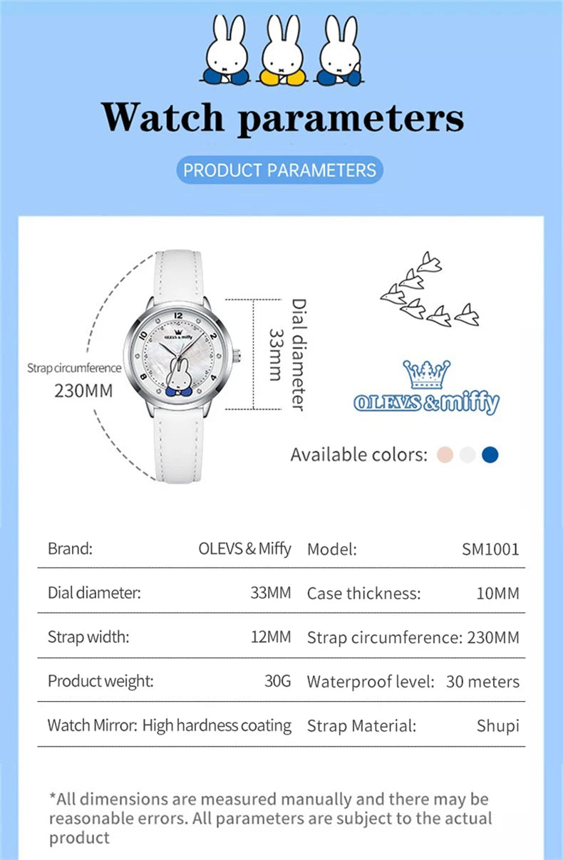 OLEVS & Miffy Joint Edition Women's Watches Casual Cute Style Original Quartz Watch for Girl Leather Strap Box Gift for Kids