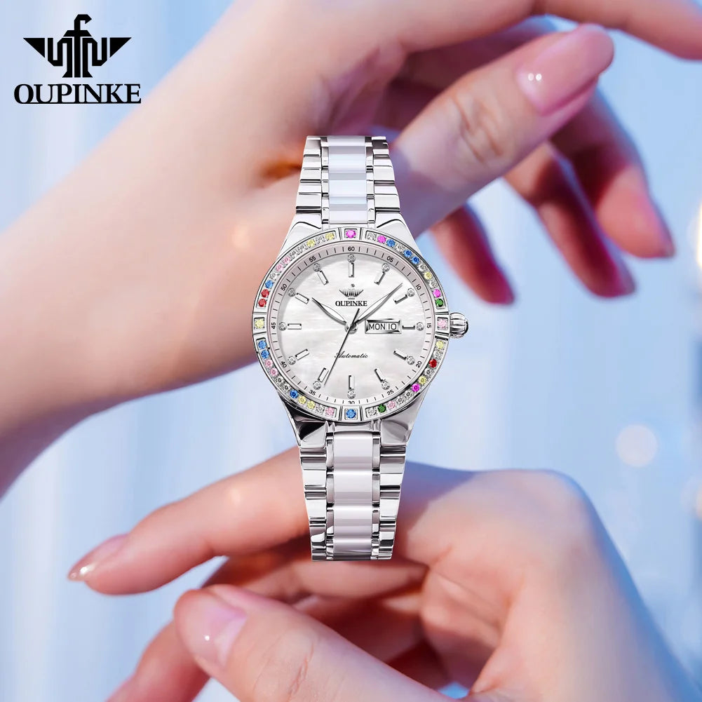 OUPINKE Mechanical Watch for Women Stainless steel Ceramic Strap Sapphire Mirror Waterproof Luminous Calendar Week Ladies Watch