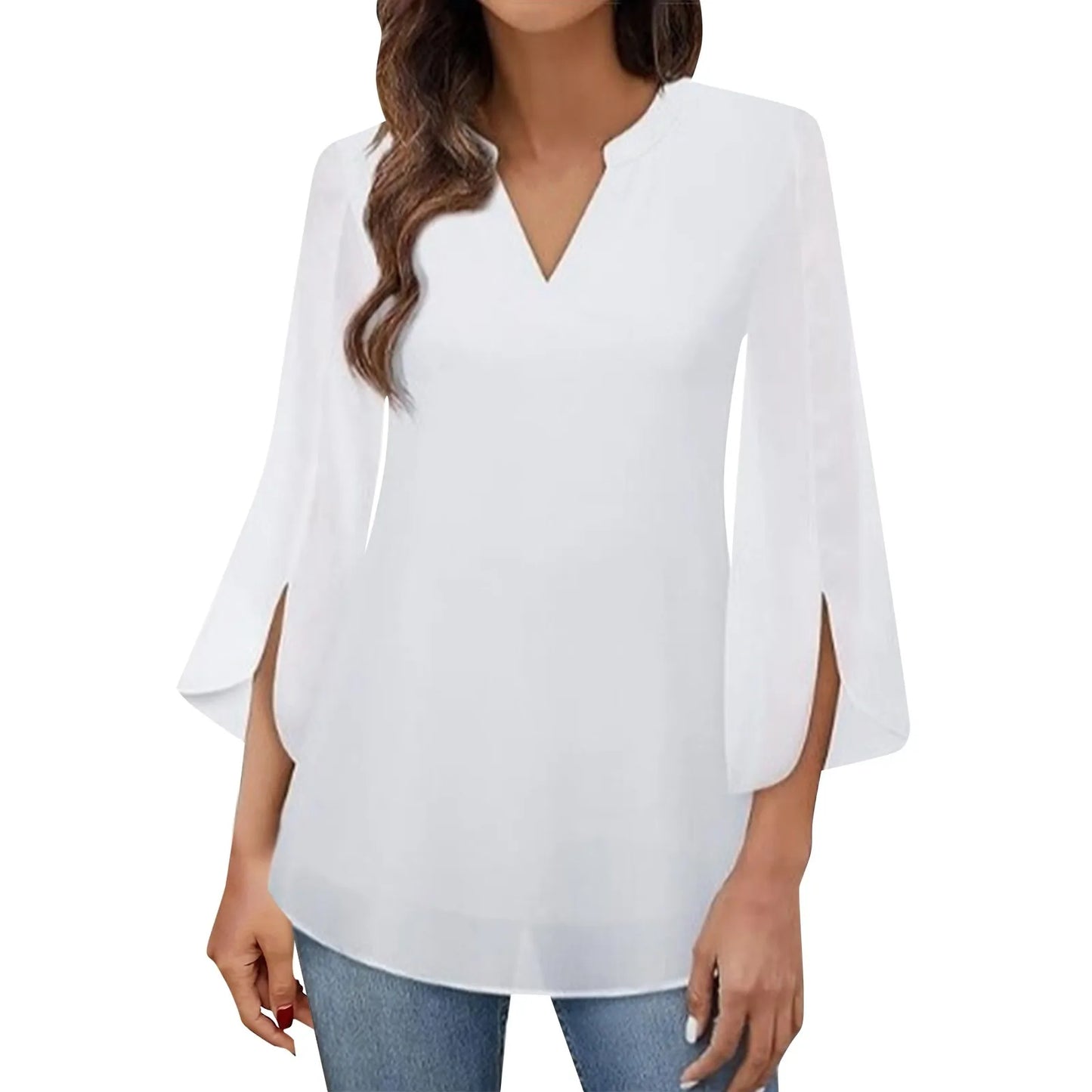 Women'S Blouse Chiffon Short-Sleeved Elegant Daily Top Flowy Elegant Casual Summer New Solid Color V-Neck Chiffon Shirt 2024