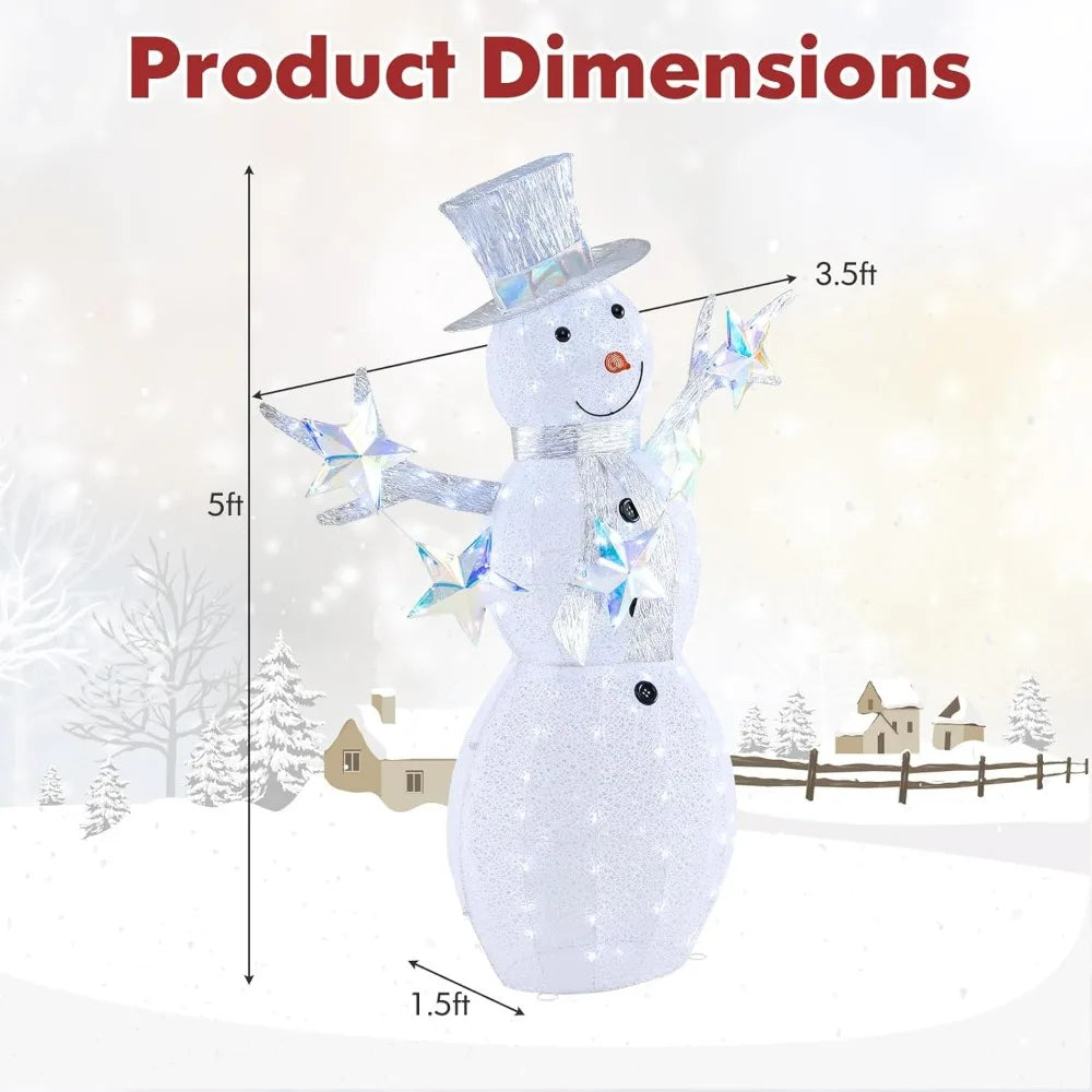 5 FT Christmas Lighted Snowman with Stars, Lighted Christmas Decoration with 140 Cold White LED Bulbs, Ground Stakes &