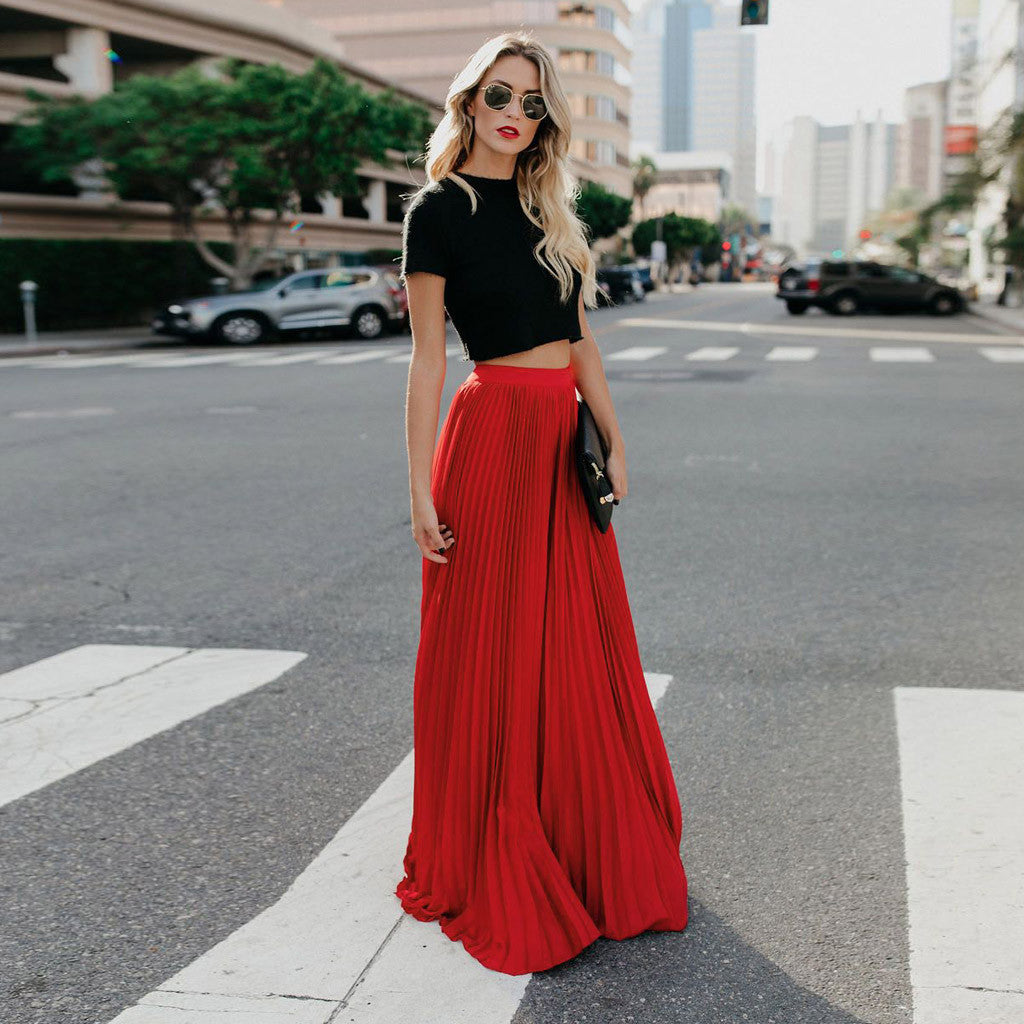 2022 Fashion Womens A-line Pleated Red Skirts Summer Jupe Longue Elastic Vintage Elegant Chic Loose Long Skirt Dropshipping