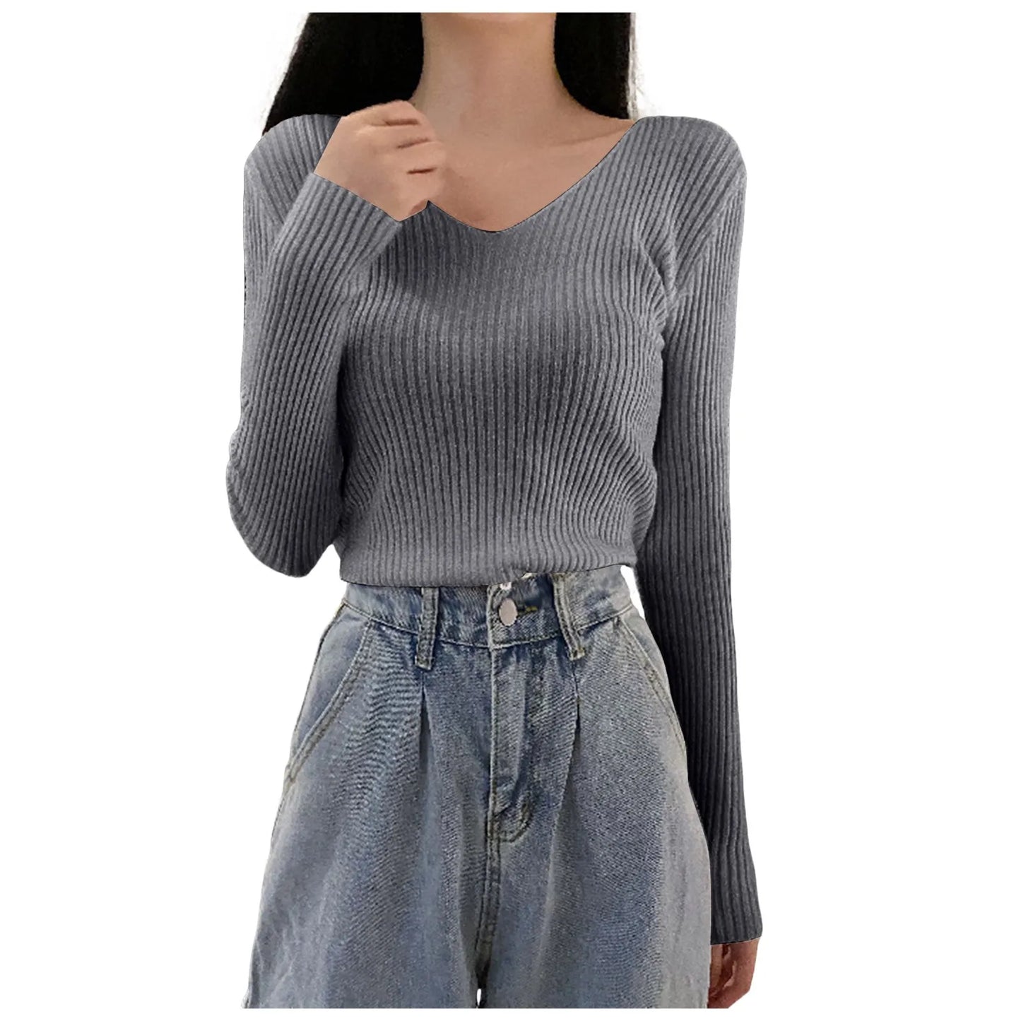 Women Basic Bottoming Pullover V Neck Sweater Autumn Winter Slim Fit Stylish Inner Wear Knitted Long Sleeve Top Tight Work Cloth