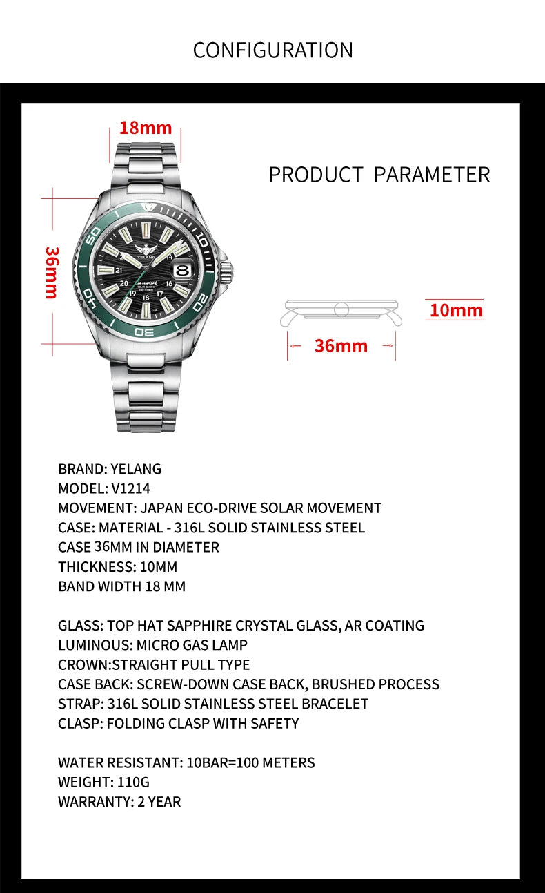 Yelang a woman watch V1214 Japan VS43 Eco-Drive Solar 36mm Women Fashion Sapphire Lens Date Magnifier luminous Casual Watch