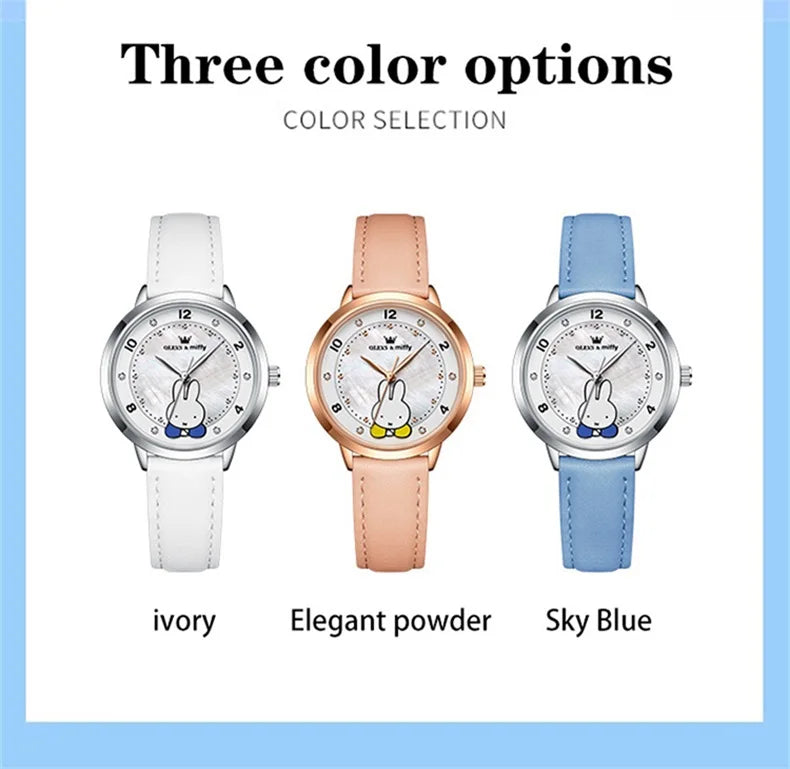 OLEVS & Miffy Joint Edition Women's Watches Casual Cute Style Original Quartz Watch for Girl Leather Strap Box Gift for Kids