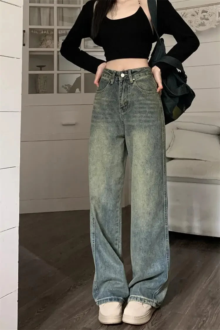 Vintage High-waisted Slimming Jeans American Style Casual Bell Bottoms Versatile Straight-leg Long Pants For Women