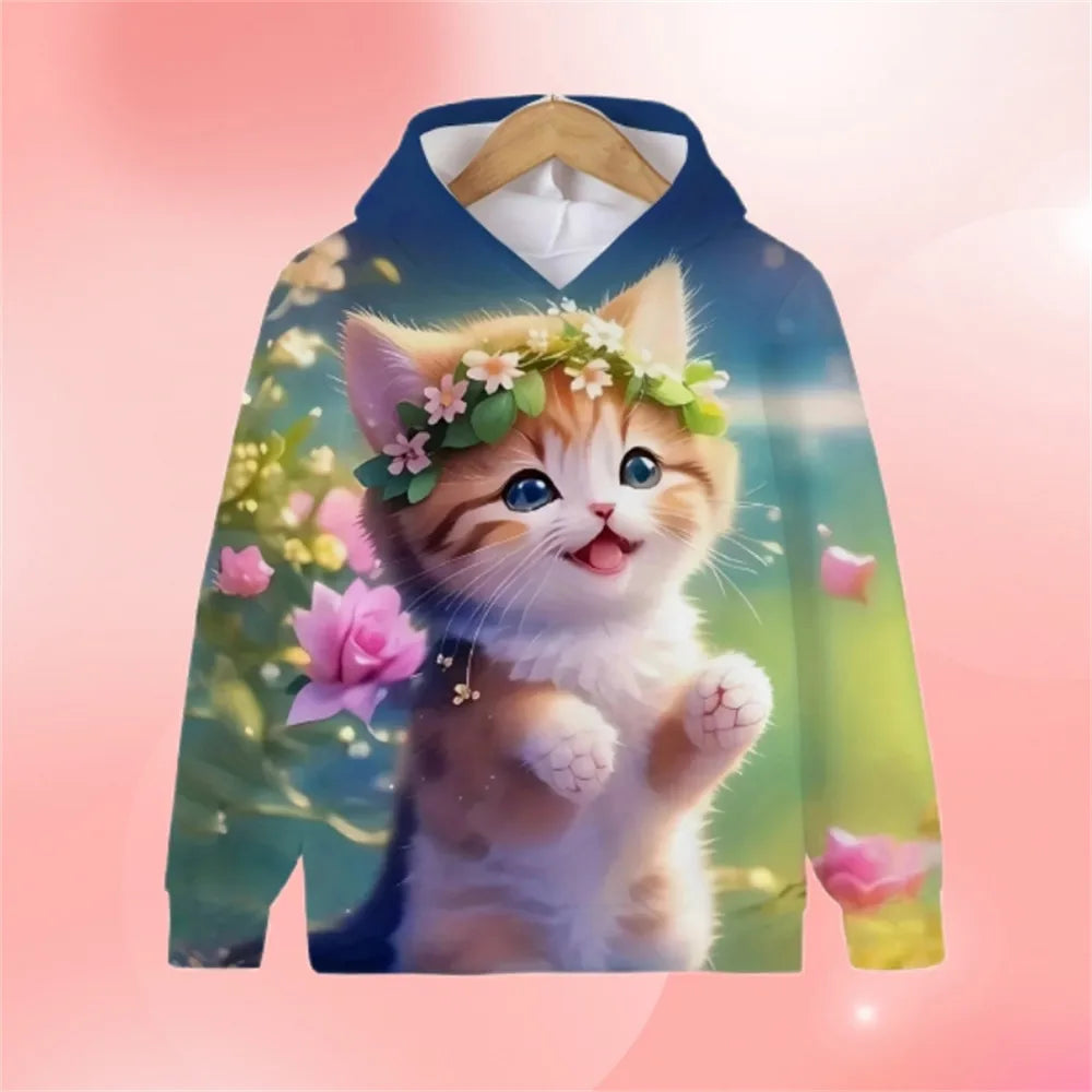 2024 Kawalii Girls Clothes Hoodies for Kids Cat Hoodie Fashion Cartoon Spring Autumn Casual Cartoon Print Sweaters for Children