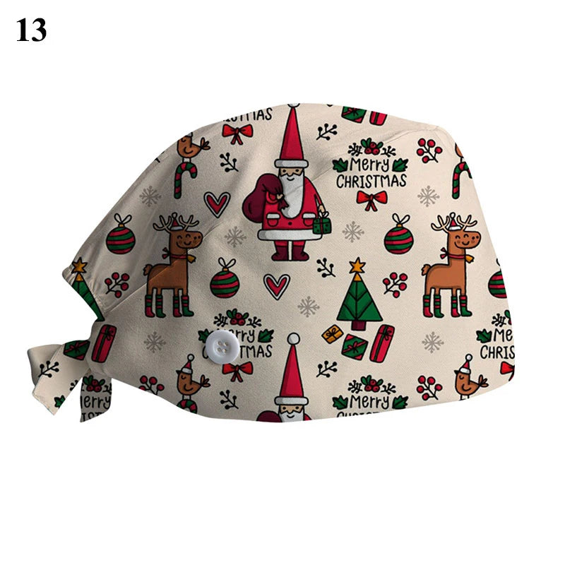 New Christmas Scrubs Caps Santa Claus Print Cap Pet Grooming Agency Work Scrubs Hat Beauty Work Hats Lab Nursing Cap