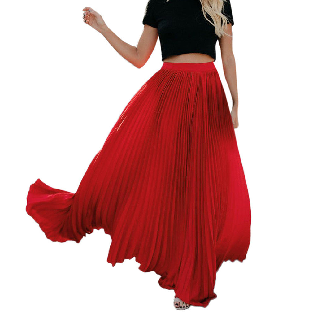 2022 Fashion Womens A-line Pleated Red Skirts Summer Jupe Longue Elastic Vintage Elegant Chic Loose Long Skirt Dropshipping