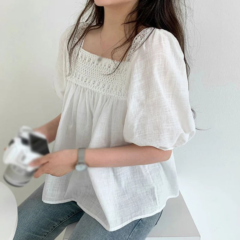 Women's Doll Shirt shirt Sweet Shirt Solid Color Square Collar Temperament Bubble Sleeves Cotton Hollow Out Design Sense