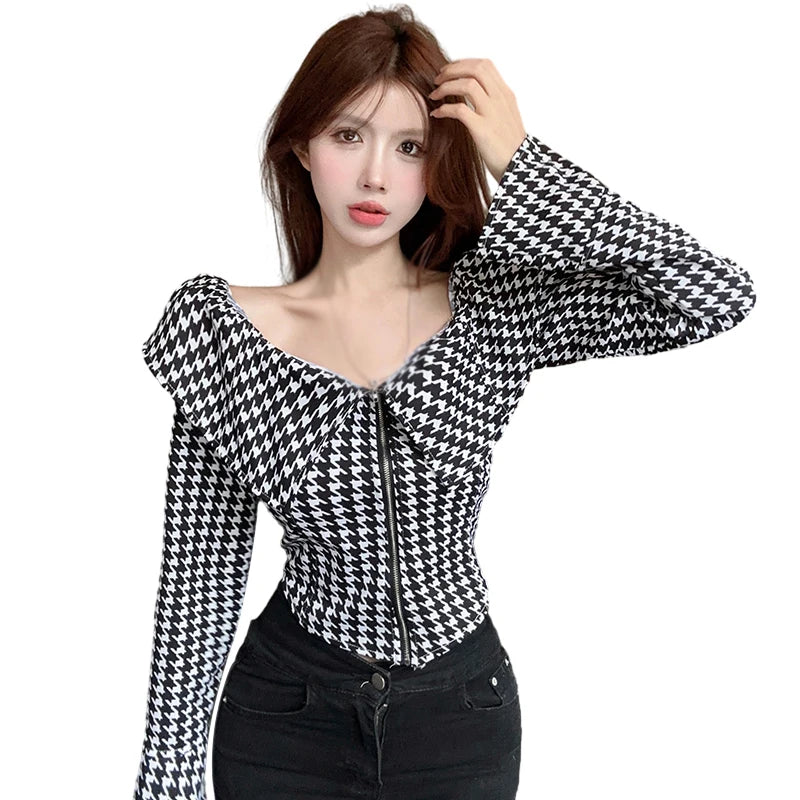 Women's Shirt Korean Version Spring Autumn Plaid Zipper Long Sleeves Fashion Blouse Clothing