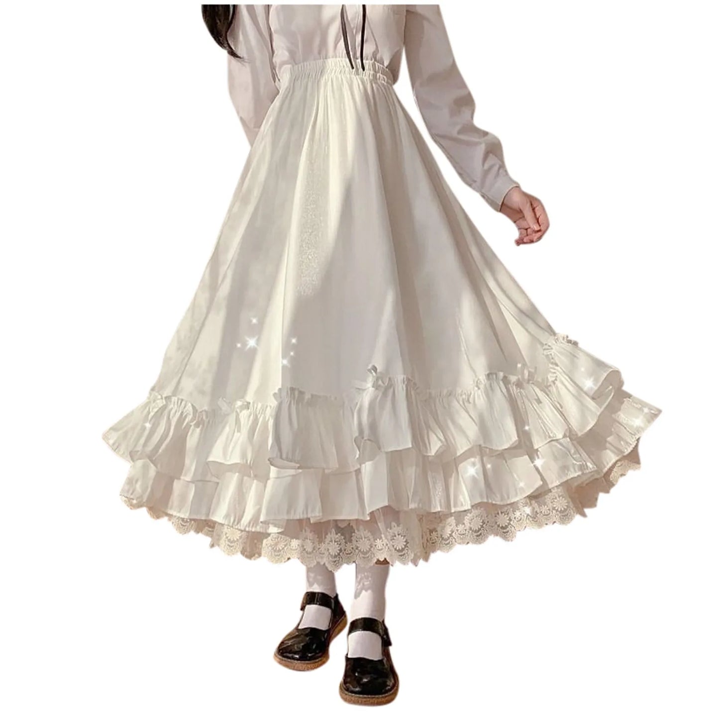 Sweet Heart Lolita Costumes Women's Ruffles Hem Bowknot Japanese Style A-Line Skirt Princess Layer High Waist Lace Skirt