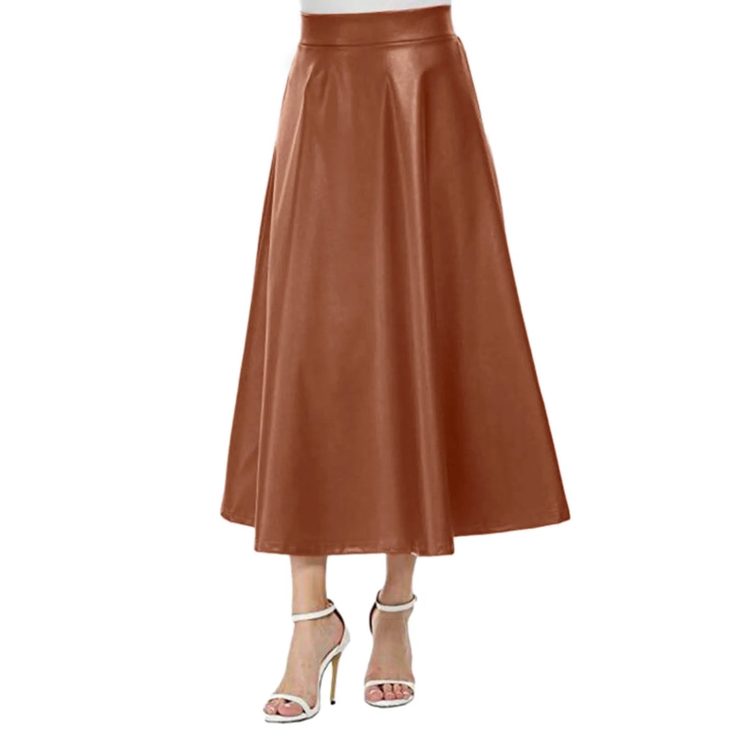 Faux Leather Skirt Women High Waist Solid Color A Line Pu Leather Midi Skirt Office Lady Business Skirts Streetwear Dress Up