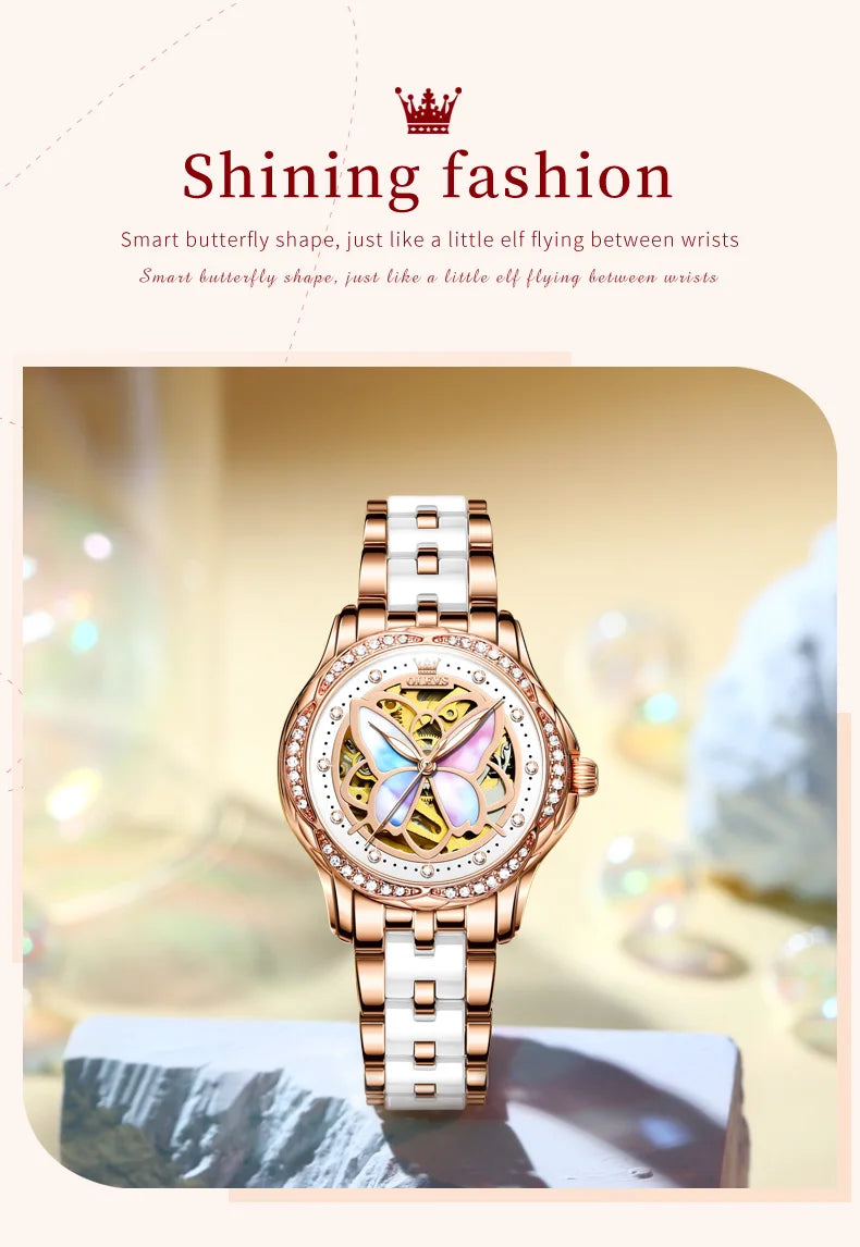 OLEVS Automatic Mechanical Watch for Women Colorful Fritillary Butterflies Luxury Elegant Ceramics Watchband Ladies Wristwatches