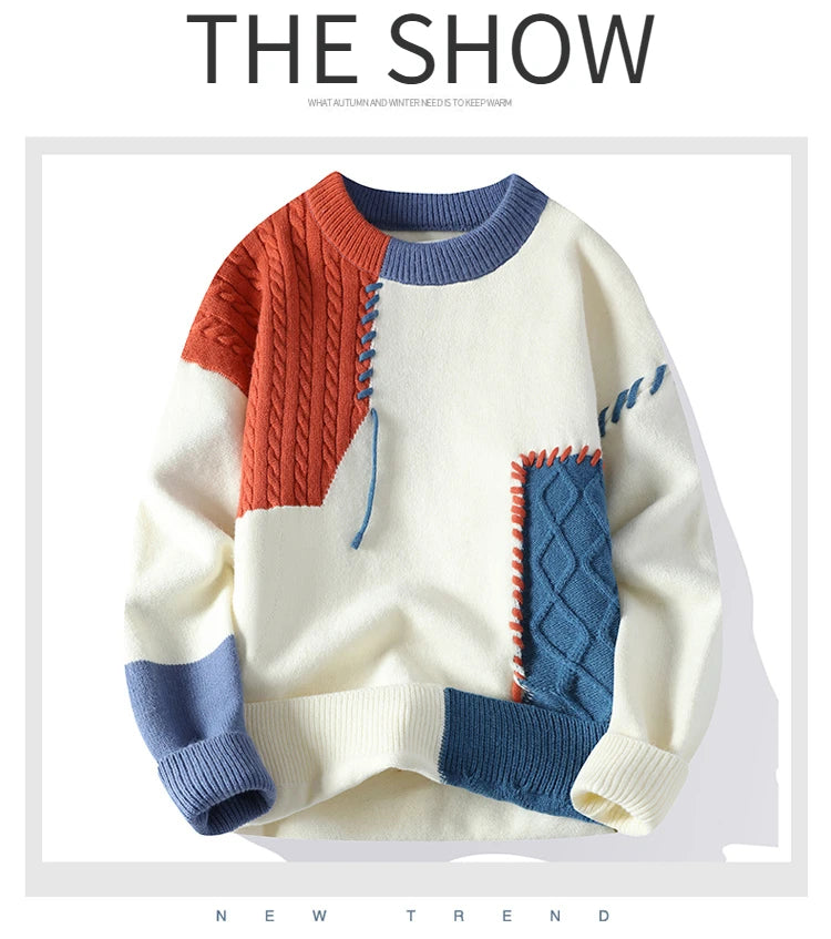 2024 Autumn Winter Warm Sweaters Patchwork Pullovers Korean Style Round Neck Knitted Sweater Men Women Fashion Knitwear