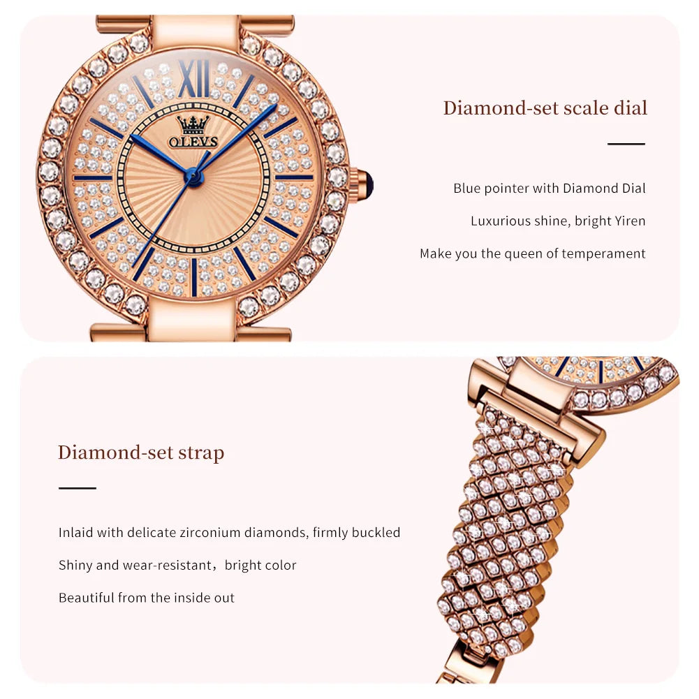 OLEVS 9942 Women's Watches Full Diamond Stainless steel Rose Gold Fashion Elegant Wristwatch Ladies Luxury Brand Women Watch Set