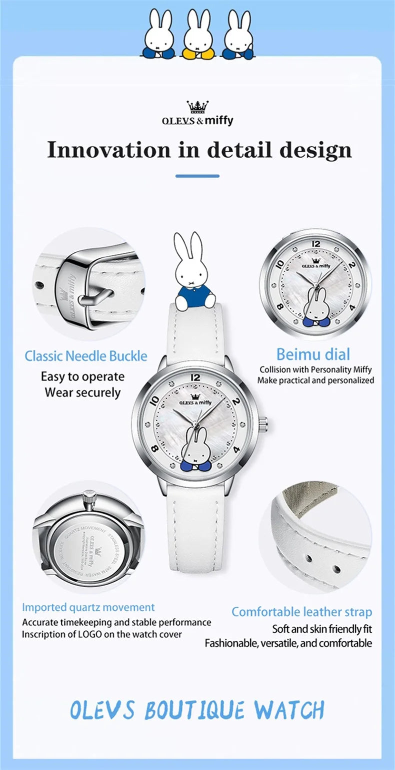 OLEVS & Miffy Joint Edition Women's Watches Casual Cute Style Original Quartz Watch for Girl Leather Strap Box Gift for Kids