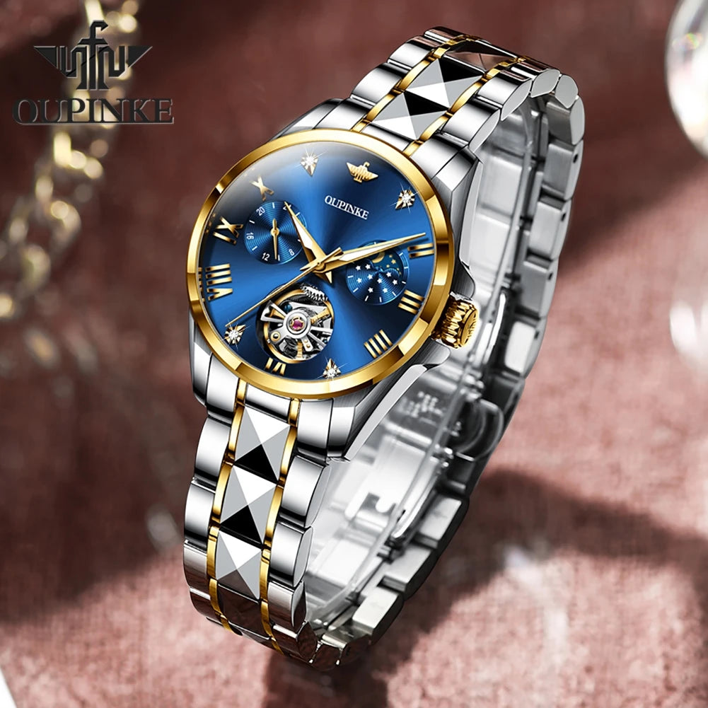 OUPINKE Fashion Luxury Brand Women's Watches Elegant Hollow out Moon Phase Automatic mechanical Watch Original Female Wristwatch