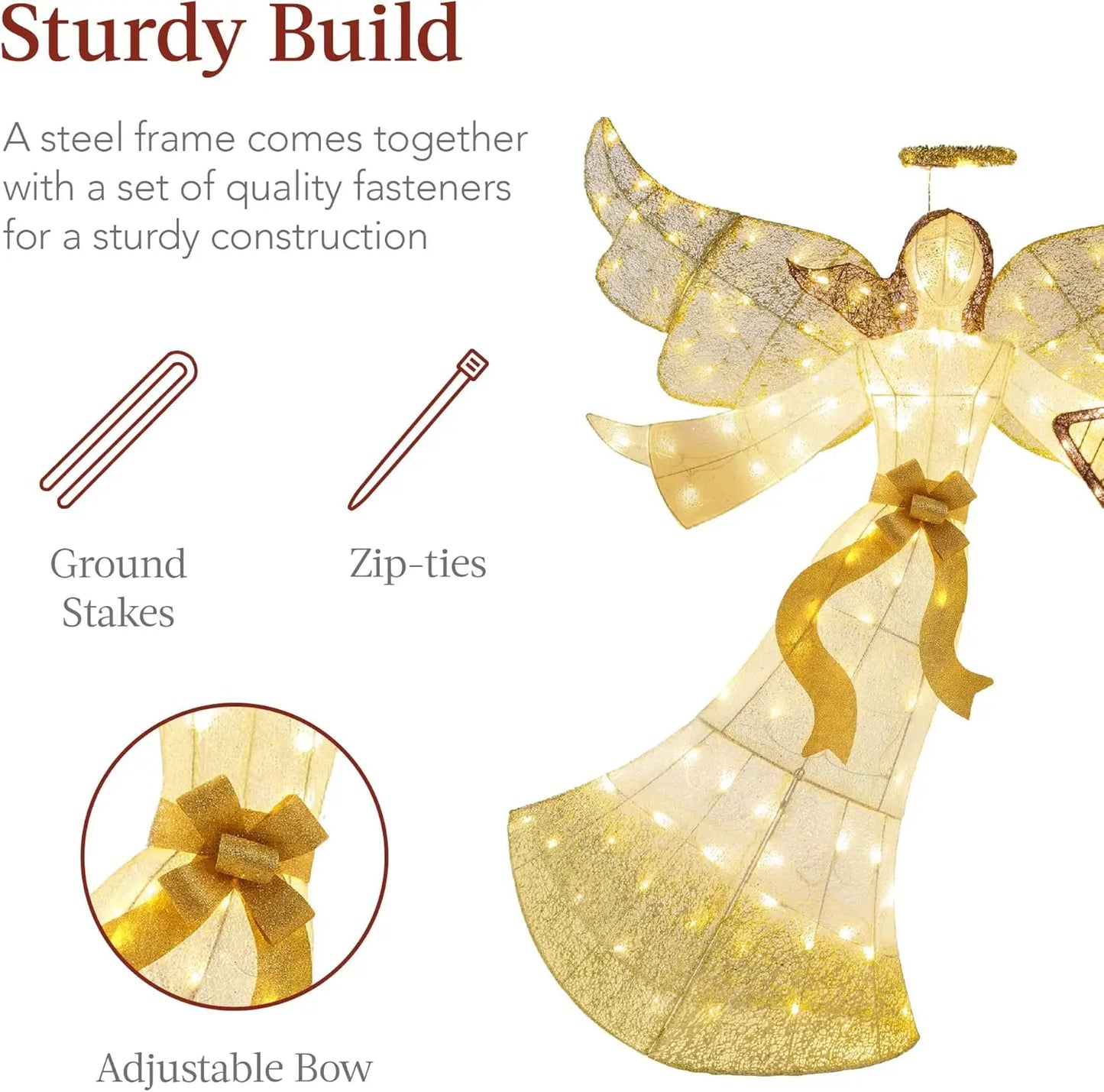 5ft Lighted Outdoor Angel Christmas Decoration, Pre-Lit Winged Holiday Figure for Lawn w/ 140 LED Lights, Harp, Bow