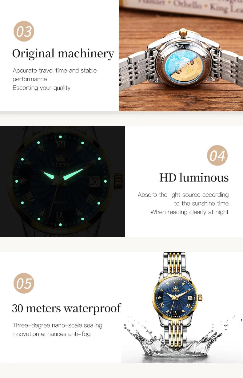 OLEVS Automatic Mechanical Watch for Women Luxury Top Brand Ladies Wristwatch Waterproof Luminous Stainless Steel Girls Watches