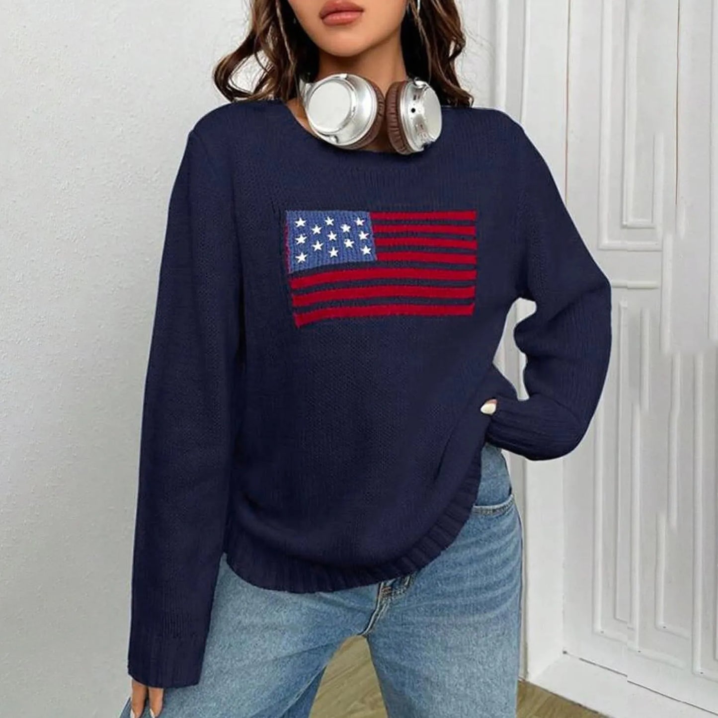 2024 New Womens Flag Print Sweater Autumn Knitted Sweater Elegant Jumper Casual O-Neck Knitwears Pullover