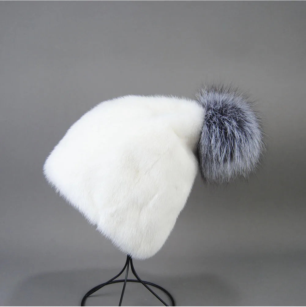 2023 Winter Real Natural Mink Fur Fox Hat for Women Thicken Warm Casual Pom New High Quality Girl Bobble  Christmas Knitted Cap