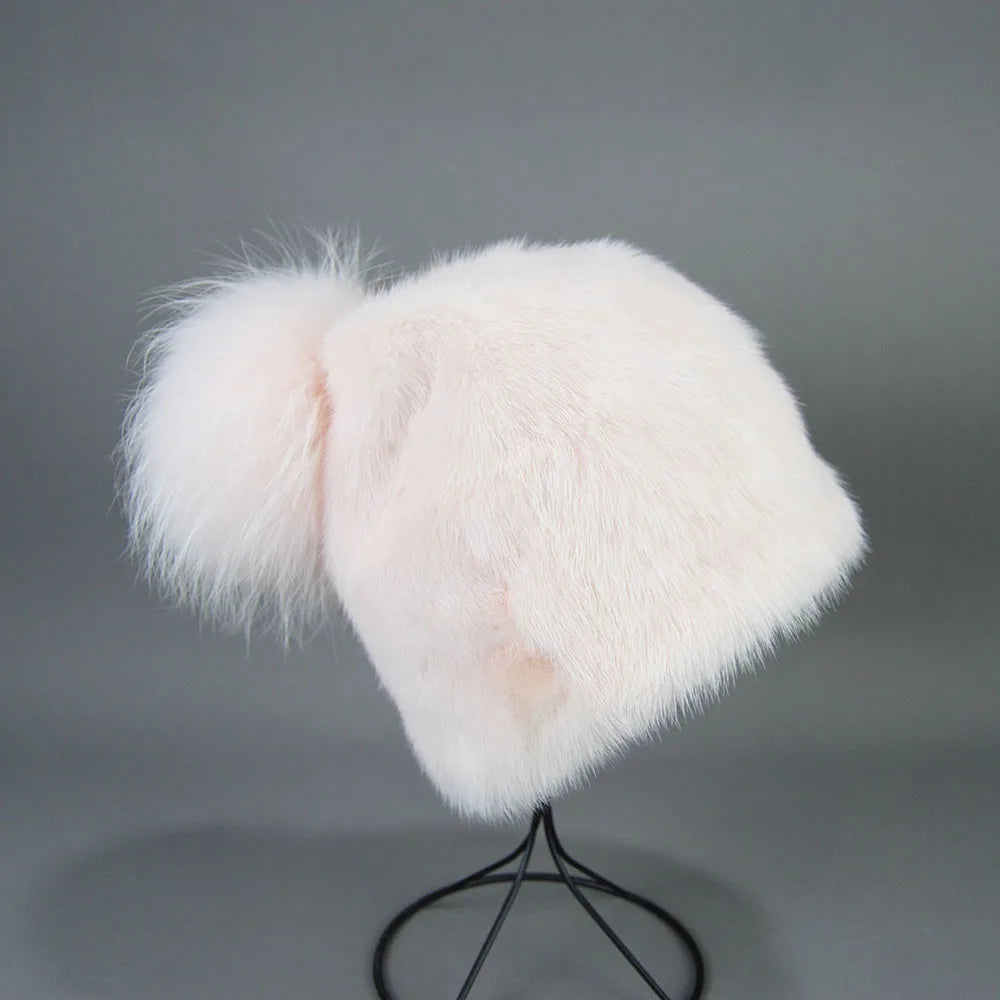 2023 Winter Real Natural Mink Fur Fox Hat for Women Thicken Warm Casual Pom New High Quality Girl Bobble  Christmas Knitted Cap