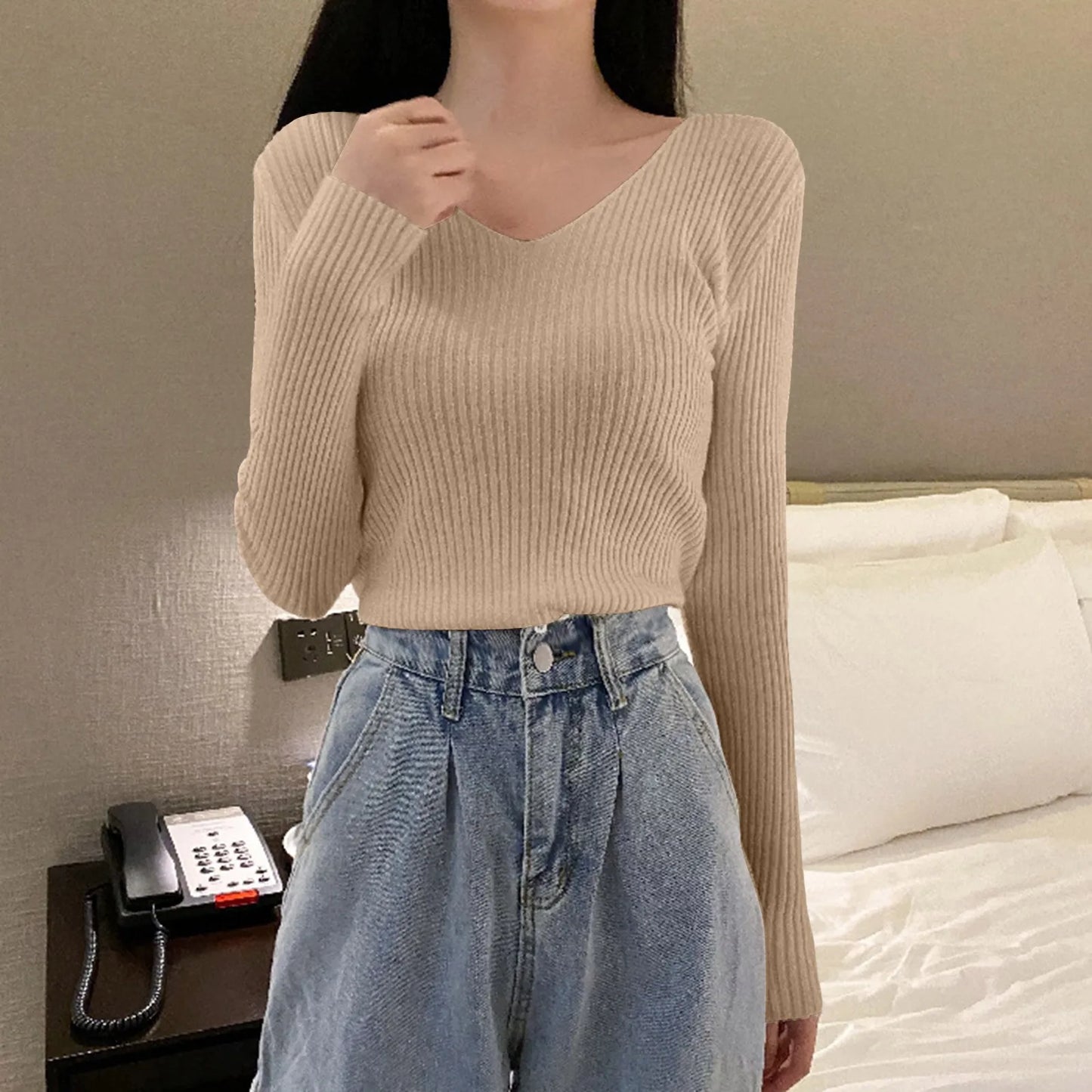 Women Basic Bottoming Pullover V Neck Sweater Autumn Winter Slim Fit Stylish Inner Wear Knitted Long Sleeve Top Tight Work Cloth