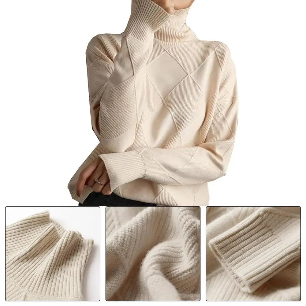 Turtleneck Sweater Long-Sleeve High Neck Sweater Loose Solid Color Knit Pullover Tops For Women Autumn Winter